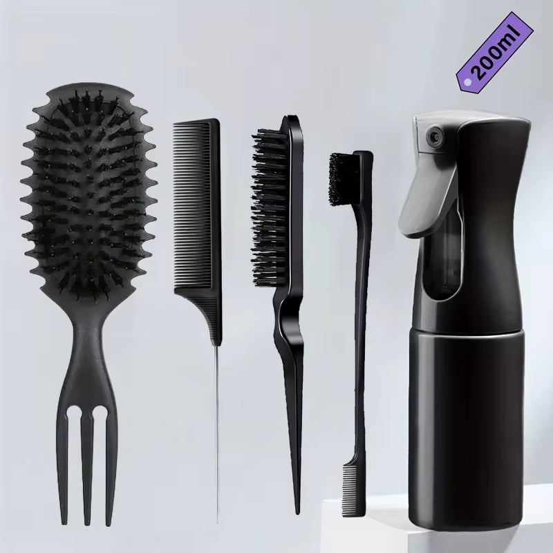 Ensemble de coiffure démêlant 5 pièces : vaporisateur, peigne à cheveux 3 en 1, peigne à queue de rat incurvé, brosse de contrôle des bords, outil de coiffure pour salon