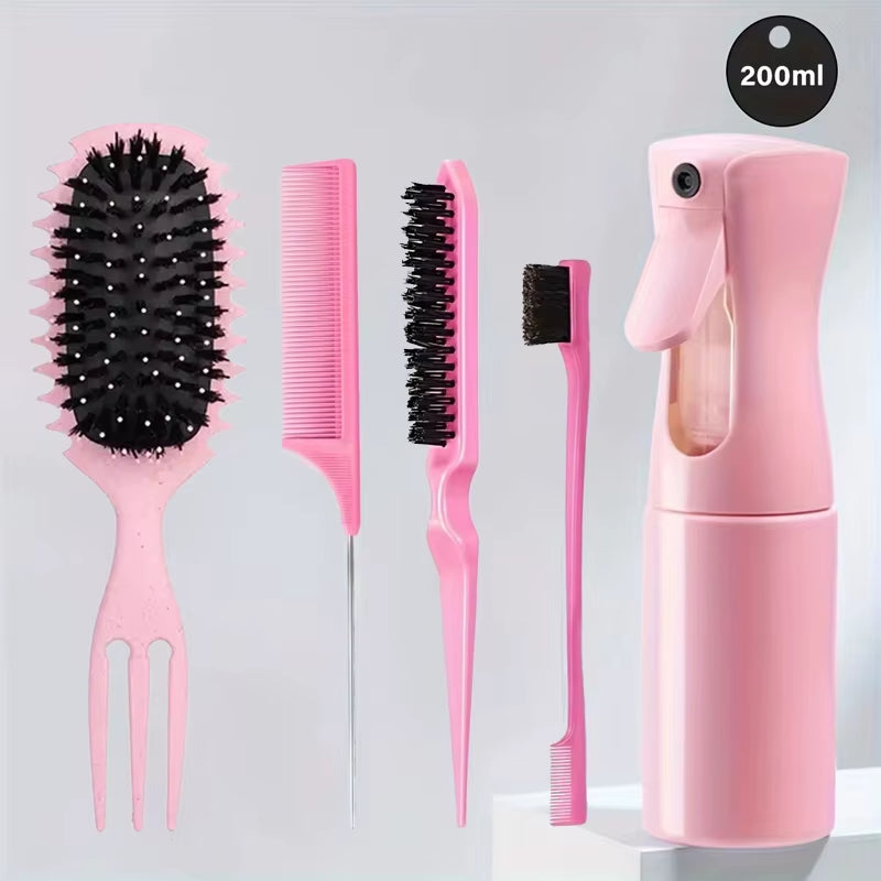 Ensemble de coiffure démêlant 5 pièces : vaporisateur, peigne à cheveux 3 en 1, peigne à queue de rat incurvé, brosse de contrôle des bords, outil de coiffure pour salon